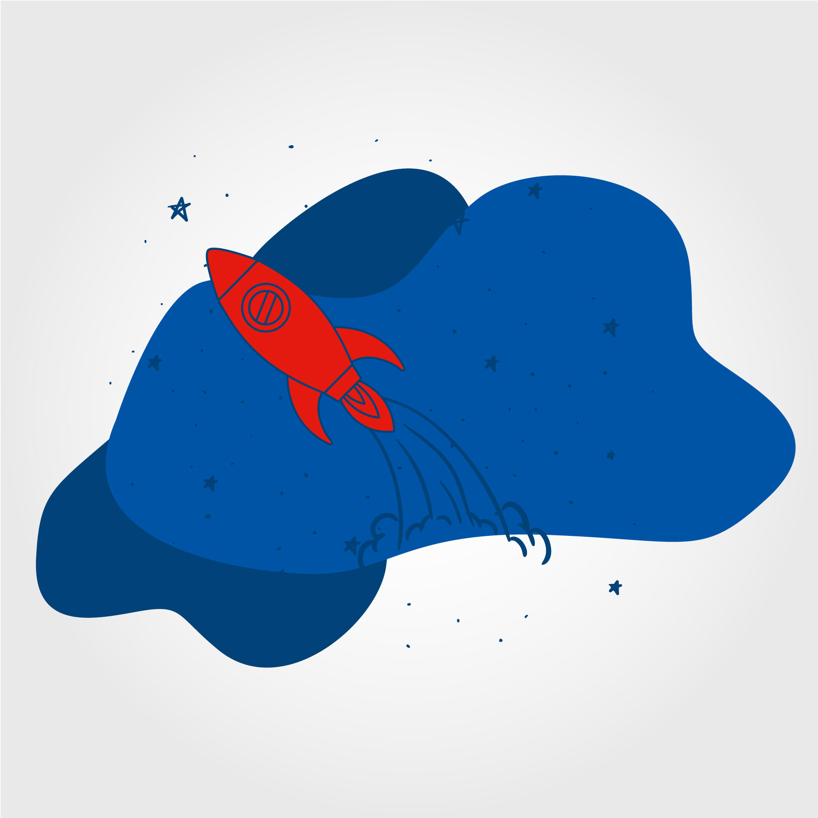 Die Grafik zeigt eine rote Rakete, die nach oben fliegt und einen blauen Rauchschweif hinterlässt. Der Hintergrund besteht aus einer großen, blauen Wolke mit kleinen Sternen, die eine Weltraumlandschaft andeutet. Die Rakete steht symbolisch für einen Aufbruch oder den Start eines neuen Projekts.