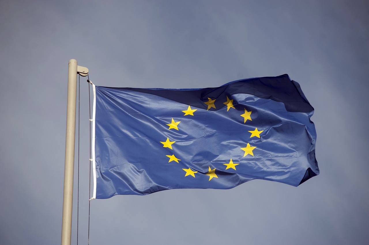 Die Flagge der Europäischen Union weht an einem grauen Fahnenmast vor bewölktem, grauem Himmel. Die blaue Fahne mit dem Kreis aus zwölf goldenen Sternen ist durch den Wind in Bewegung und wirft Falten.
