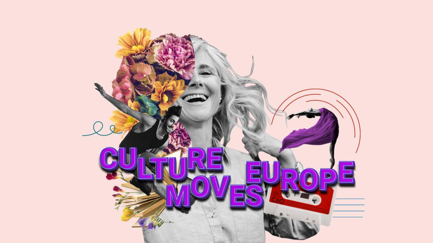 Grafische Collage mit dem Slogan 'CULTURE MOVES EUROPE' in lila Schrift. Schwarzweiß-Foto einer lachenden Frau mit wehenden Haaren, überlagert mit bunten floralen Elementen in Orange, Pink und Lila sowie einem stilisierten Regenbogen. Der Hintergrund ist zartrosa. Das Design vermittelt Kreativität, Bewegung und kulturelle Vielfalt.