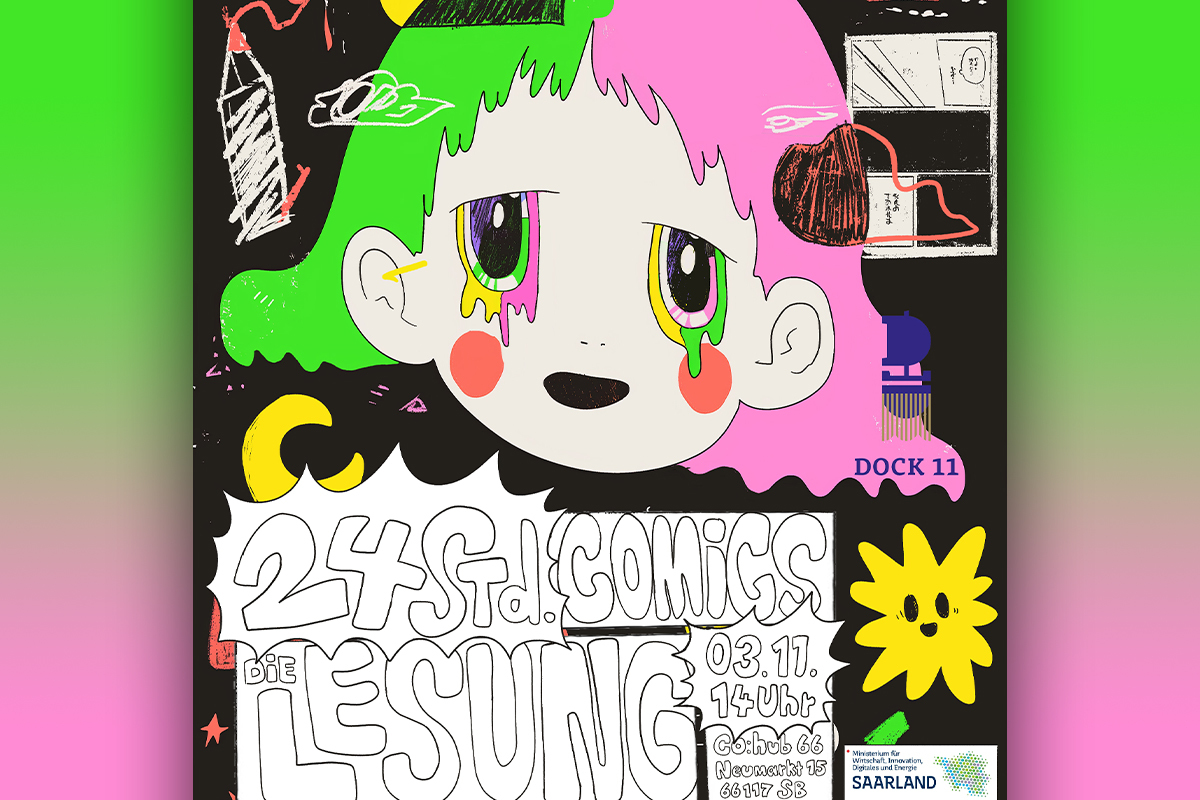 Das Bild zeigt ein buntes Poster für den 24-Stunden-Comicmarathon in Saarbrücken. Es zeigt eine stilisierte Zeichnung eines Gesichts mit rosa und grünem Haar, sowie leuchtend farbigen, tropfenförmigen Augen. Text auf dem Poster informiert über die Abschlussveranstaltung am 3. November um 14 Uhr im co:hub66, inklusive einer Comiclesung. Im Hintergrund sind verschiedene comicartige Illustrationen zu sehen.