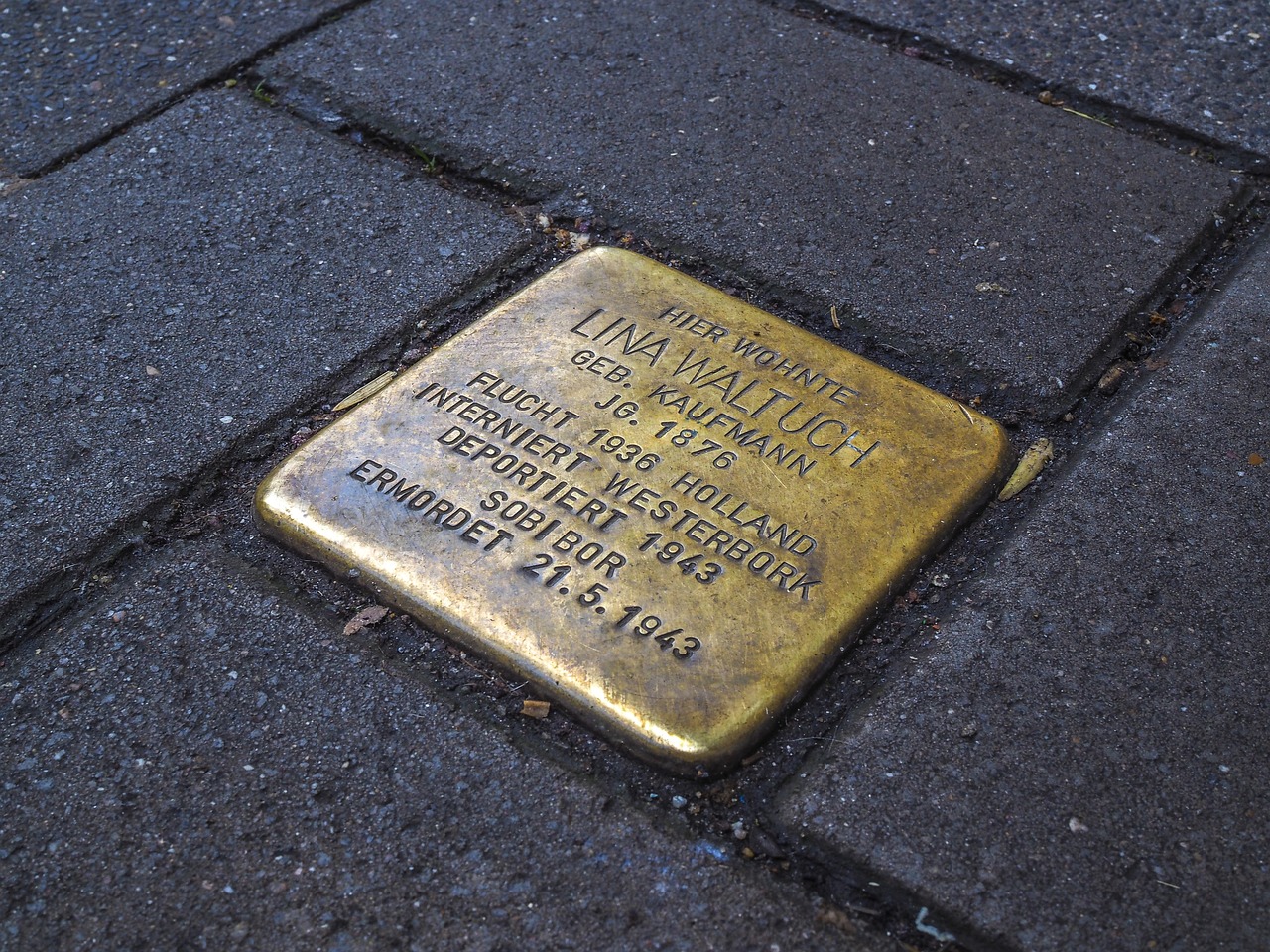 Ein Stolperstein aus Messing ist in den Gehweg eingelassen. Die Gravur zeigt den Namen Lina Waltuch, geboren 1876. Der Text beschreibt ihre Flucht nach Holland, Internierung in Westerbork und Deportation nach Sobibor, wo sie am 21. Mai 1943 ermordet wurde.