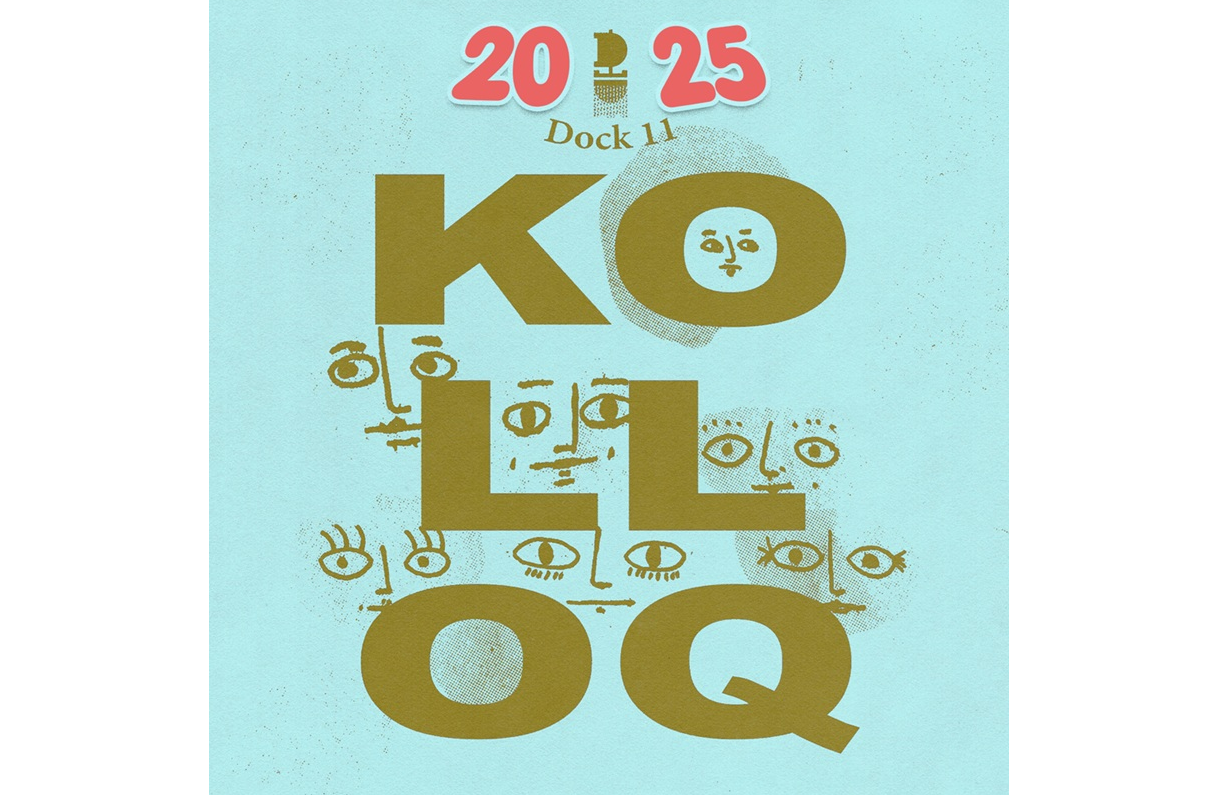 Grafisches Poster mit hellblauem Hintergrund und goldenem Text ‚2025 Dock 11 KOLLOQ‘. Im Hintergrund sind stilisierte Gesichter und Augen als Illustration integriert.
