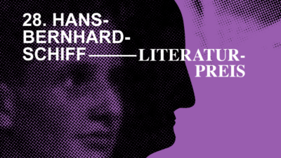 Grafik zum 28. Hans-Bernhard-Schiff-Literaturpreis auf violettem Hintergrund mit stilisiertem, schwarz gepunktetem Porträt eines Männerprofils im Vordergrund. Links oben steht in weißer Schrift: „28. Hans-Bernhard-Schiff-Literaturpreis“.