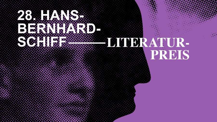 Grafik zum 28. Hans-Bernhard-Schiff-Literaturpreis auf violettem Hintergrund mit stilisiertem, schwarz gepunktetem Porträt eines Männerprofils im Vordergrund. Links oben steht in weißer Schrift: „28. Hans-Bernhard-Schiff-Literaturpreis“.