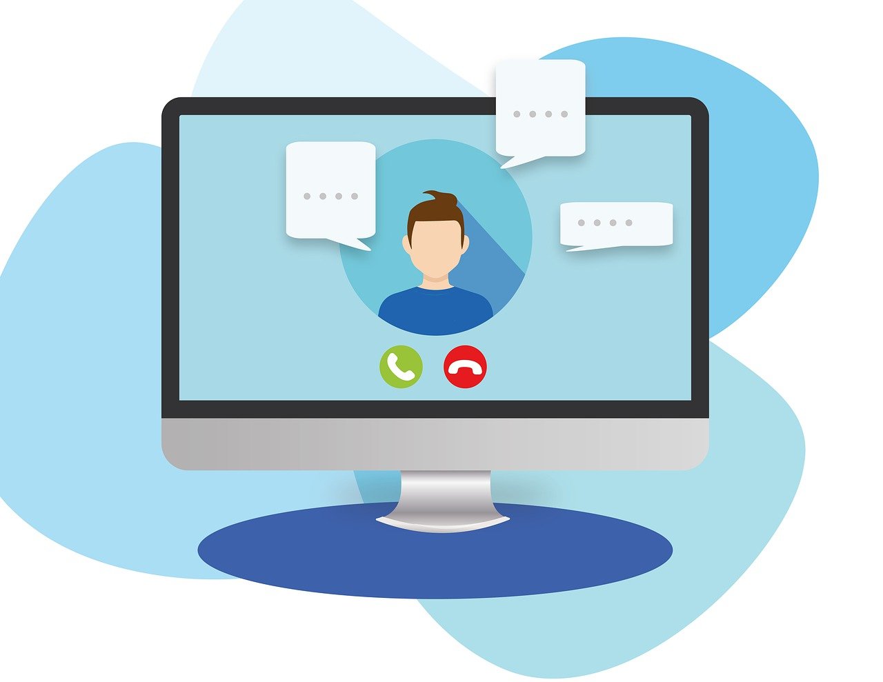 Eine stilisierte, digitale Illustration eines Computerbildschirms zeigt eine Videokonferenz. Auf dem Monitor ist eine Person als Avatar dargestellt, umgeben von Sprechblasen mit drei Punkten als Symbol für Kommunikation. Darunter befinden sich grüne und rote Symbole für das Annehmen oder Beenden eines Anrufs. Der Hintergrund besteht aus abstrakten blauen Formen.