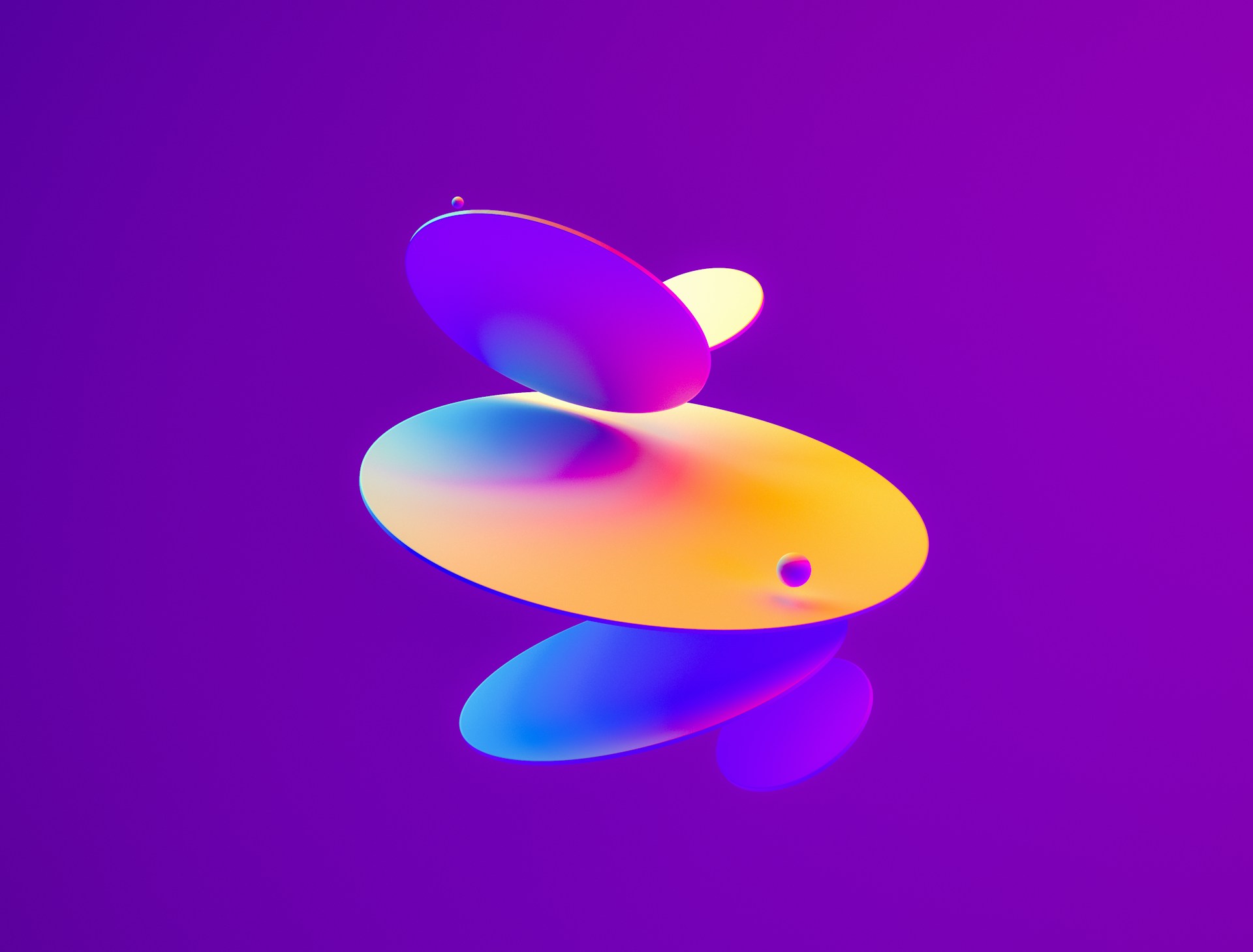 Abstrakte 3D-Komposition aus schwebenden, farbverlaufenden ovalen Formen in Gelb, Blau und Lila auf violettem Hintergrund.
