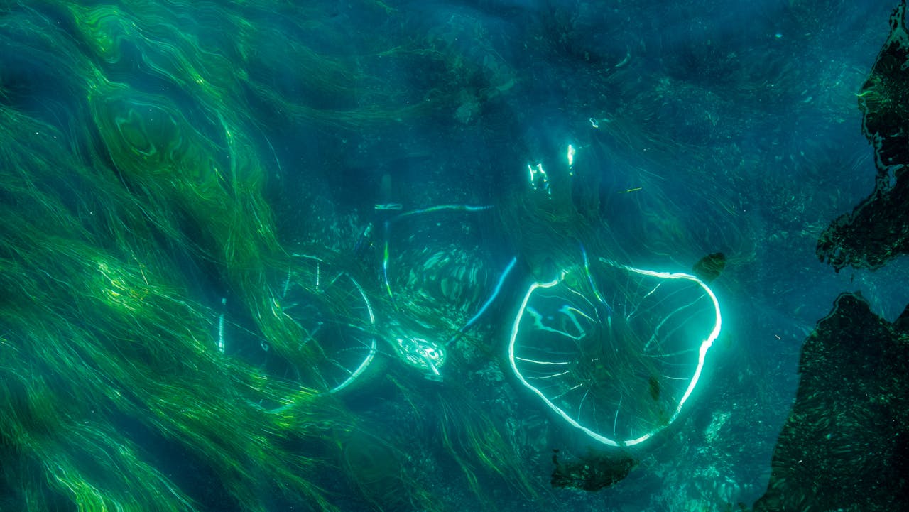 Unterwasseraufnahme eines versunkenen Fahrrads, das von grünlich leuchtenden Algen umgeben ist. Das Licht bricht sich schimmernd an den metallischen Teilen unter der Wasseroberfläche.
