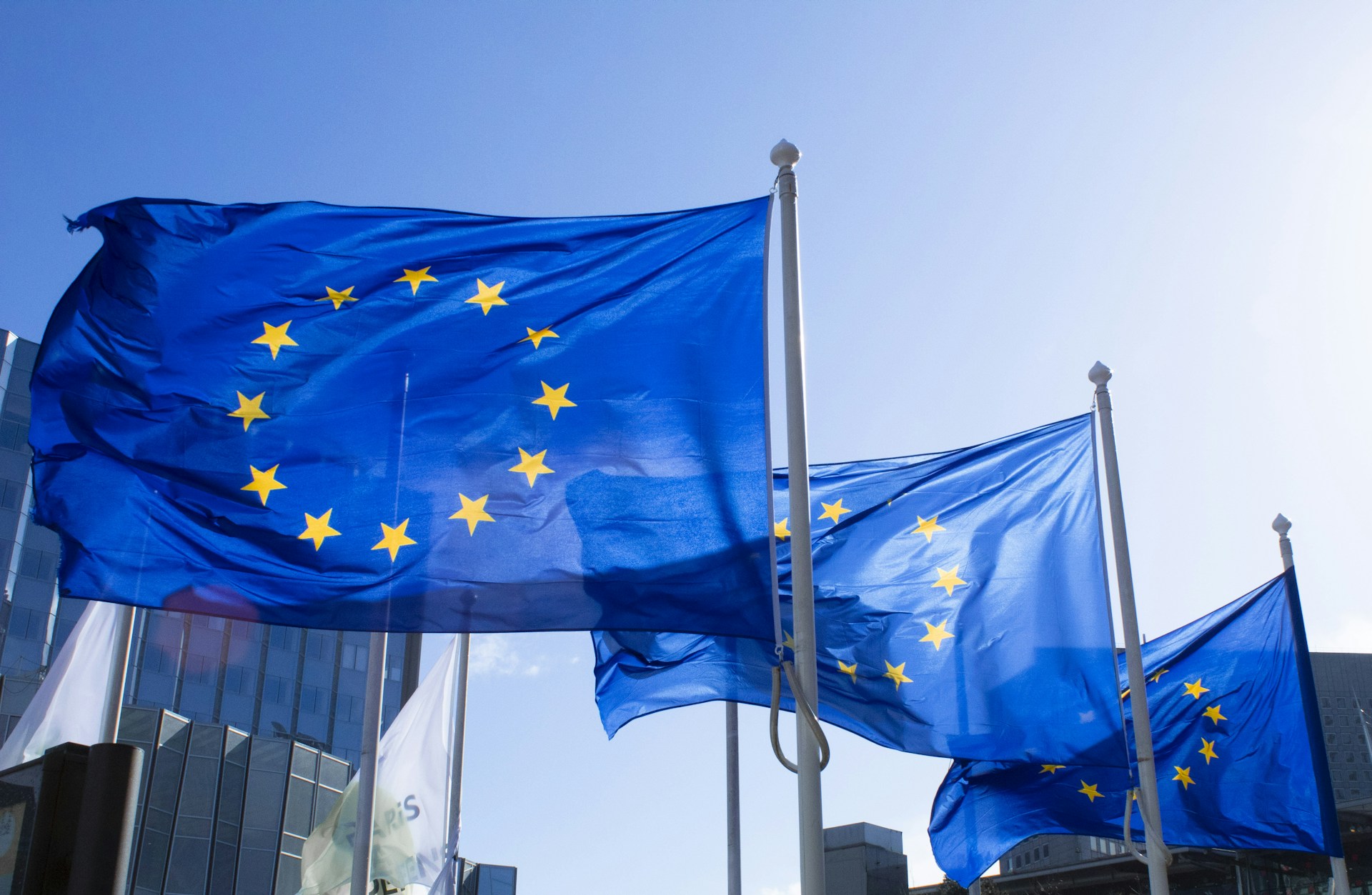 Auf dem Bild sind mehrere Flaggen der Europäischen Union zu sehen. Sie wehen im Wind vor einem klaren blauen Himmel. Jede Flagge zeigt den typischen EU-Sternenkranz aus zwölf goldenen Sternen auf blauem Hintergrund. Im Hintergrund sind moderne Bürogebäude aus Glas zu erkennen, was auf einen städtischen oder institutionellen Kontext hindeutet.