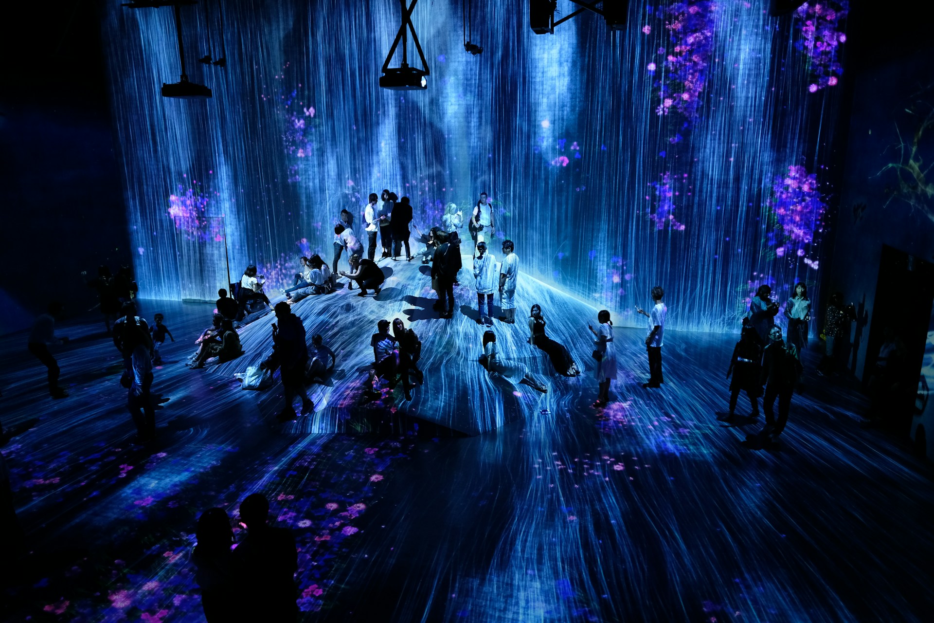 Eine Gruppe von Menschen befindet sich im teamLab Borderless Digital Art Museum in Tokio. Die Szene zeigt eine dunkle Halle, in der blau leuchtende Lichtstrahlen wie ein vertikaler Wasserfall von der Decke fließen und den Boden in ein Meer aus fließenden Linien verwandeln. Inmitten des Raumes stehen und sitzen Besucher auf einer hügelartigen Erhebung, während an den Wänden violette und pinke Blumenmuster erblühen.