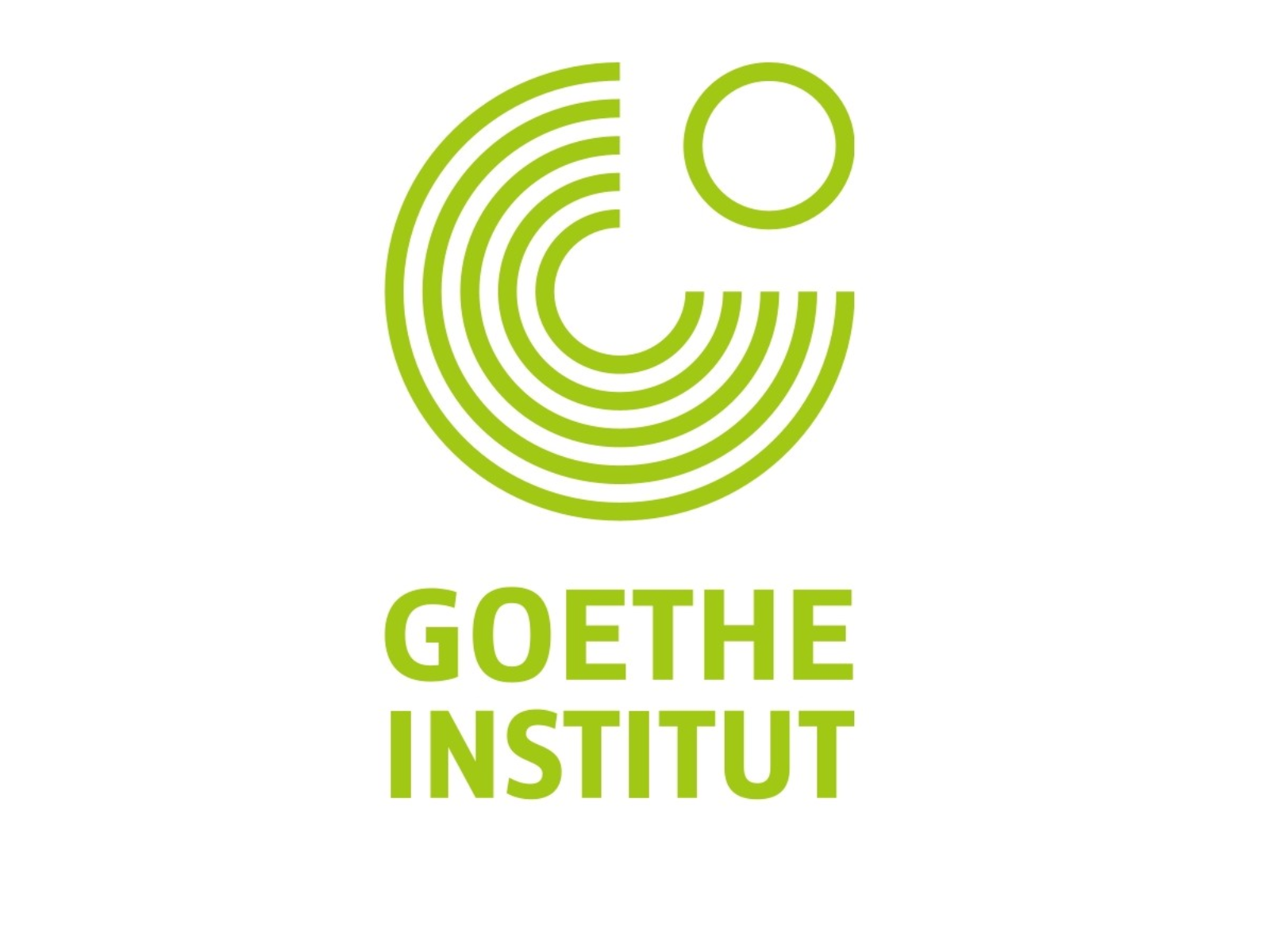 Logo des Goethe-Instituts. Oben ein stilisiertes grünes Symbol bestehend aus konzentrischen Halbkreisen und einem Kreis, die zusammen ein abstraktes 'G' formen. Darunter der grüne Schriftzug 'GOETHE INSTITUT' in fetter serifenloser Schrift auf weißem Hintergrund.