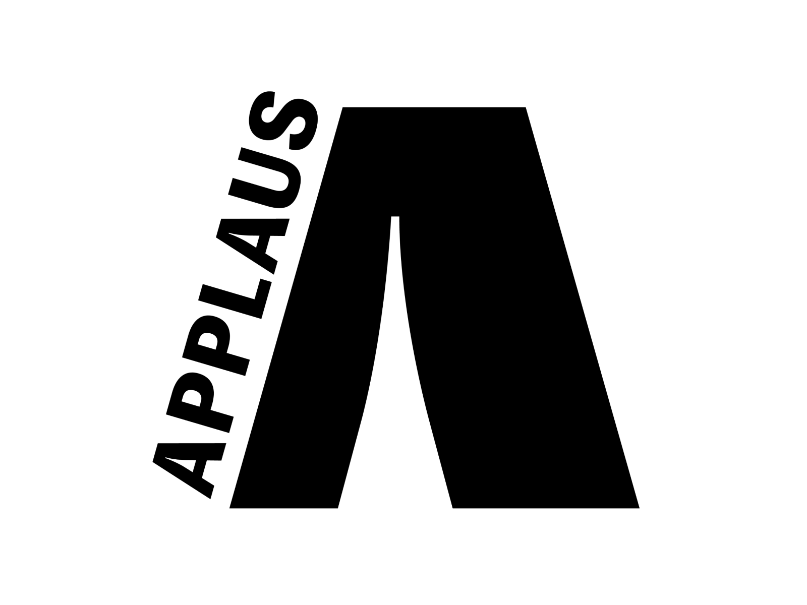Logo 'APPLAUS' in schwarzer Schrift auf weißem Hintergrund. Der Schriftzug ist vertikal entlang der linken Seite eines großen stilisierten schwarzen Buchstaben 'A' angeordnet, das die rechte Hälfte des Bildes dominiert. Das Design ist minimalistisch und modern.