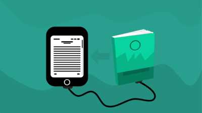 Grafische Illustration zum Thema E-Books auf türkisgrünem Hintergrund. Links ein schwarzer E-Reader oder Tablet mit weißem Bildschirm und sichtbaren Textzeilen. Rechts ein stilisiertes türkisfarbenes Buch im flachen Design mit geometrischen Formen. Ein schwarzes Kabel verbindet symbolisch beide Objekte und repräsentiert die Verbindung zwischen digitaler und analoger Literatur.