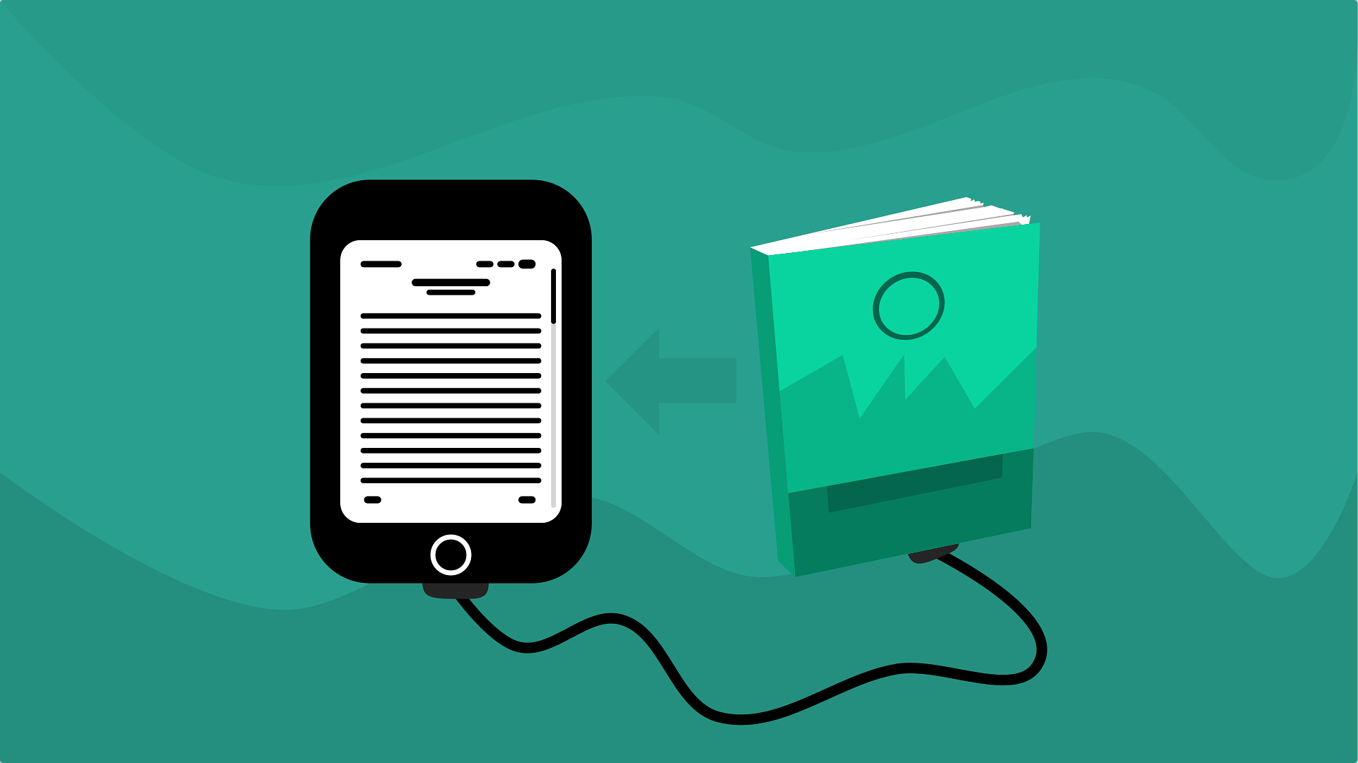 Grafische Illustration zum Thema E-Books auf türkisgrünem Hintergrund. Links ein schwarzer E-Reader oder Tablet mit weißem Bildschirm und sichtbaren Textzeilen. Rechts ein stilisiertes türkisfarbenes Buch im flachen Design mit geometrischen Formen. Ein schwarzes Kabel verbindet symbolisch beide Objekte und repräsentiert die Verbindung zwischen digitaler und analoger Literatur.