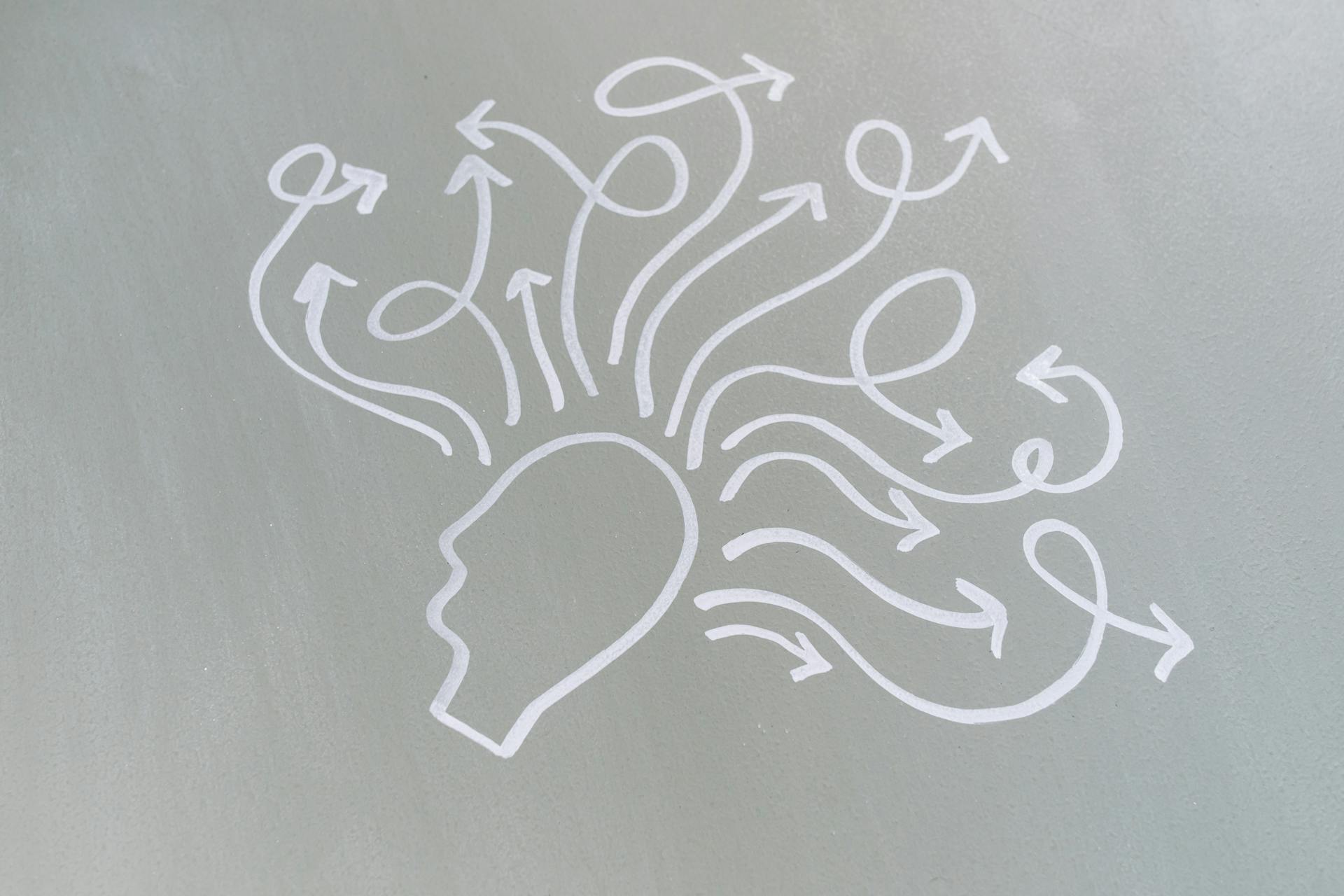 Grafische Illustration auf grauem Hintergrund: Ein vereinfachtes Profil eines menschlichen Kopfes in weißer Konturzeichnung, aus dem mehrere gebogene Pfeile in verschiedene Richtungen ausstrahlen. Die Pfeile sind mit Geschlechtssymbolen (♀ und ♂) verziert und symbolisieren vielfältige Gedanken, Ideen und unterschiedliche Perspektiven. Die Illustration repräsentiert Kreativität, Diversität, Gedankenaustausch und die Vielfalt menschlicher Gedanken und Überzeugungen.