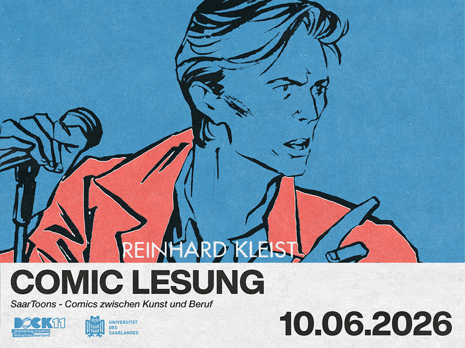 Veranstaltungsbanner für eine Comic-Lesung. Links eine stilisierte Illustration eines Gesichts mit zurückgekämmten Haaren in Schwarzweiß auf blauem Hintergrund, überlagert von einem korallroten geometrischen Dreieck. Rechts schwarzer Text 'COMIC LESUNG' und darunter in kleinerer Schrift weitere Informationen sowie das Datum '10.06.2026'.