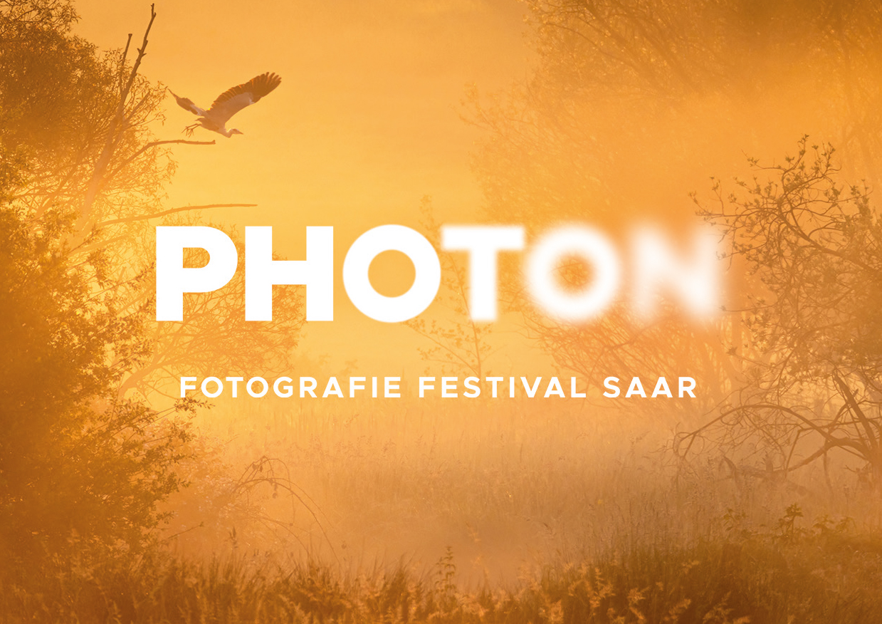 Keyvisual des Photon – Fotografie Festival Saar. Im Hintergrund ist eine stimmungsvolle Naturaufnahme in warmen Goldtönen zu sehen: eine neblige Landschaft mit Bäumen und Sträuchern, durch die weiches Morgenlicht fällt. Links oben hebt ein großer Vogel, vermutlich ein Reiher, ab. Über das Bild ist in großen weißen Buchstaben der Schriftzug „PHOTON" gelegt, wobei die rechten Buchstaben im hellen Dunst verschwimmen. Darunter steht „FOTOGRAFIE FESTIVAL SAAR".