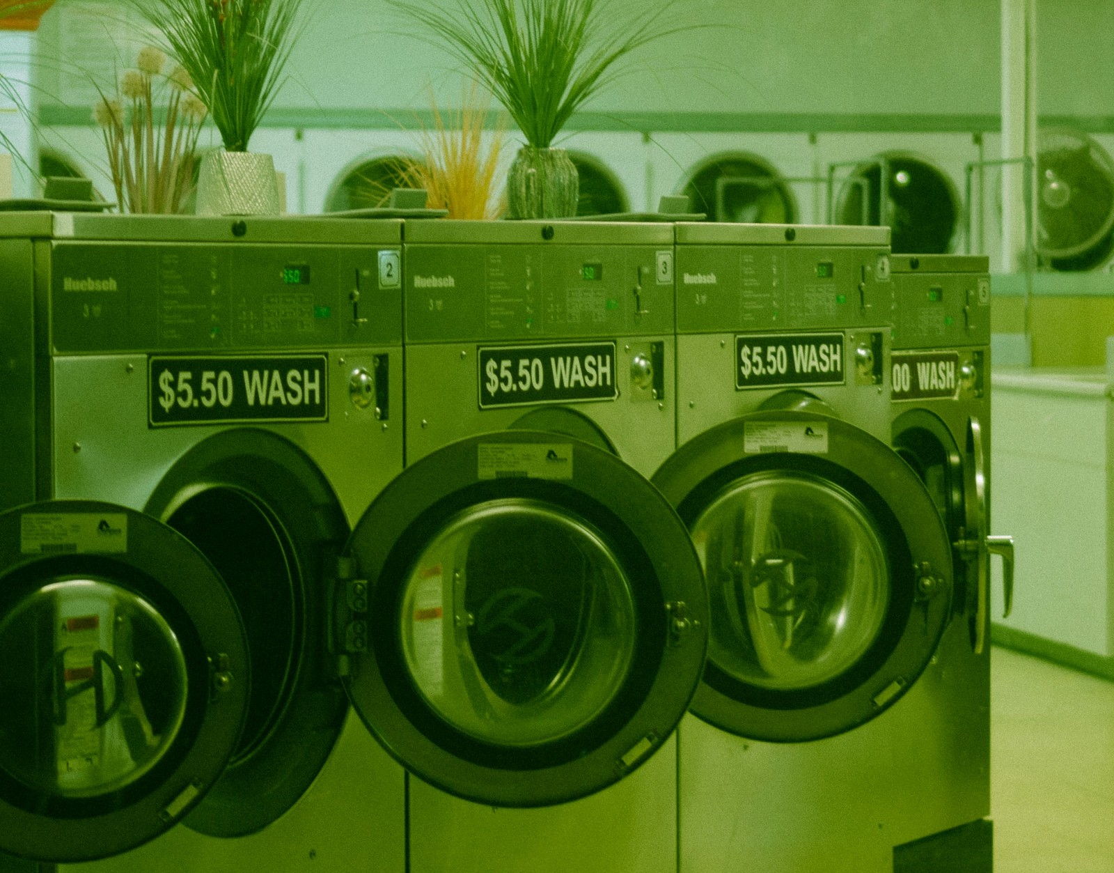 Innenansicht eines Waschsalons mit einer Reihe von Frontlader-Waschmaschinen der Marke Huebsch. Jede Maschine trägt ein schwarzes Schild mit der Aufschrift „$5.50 WASH". Auf den Geräten stehen Dekorationspflanzen in Vasen. Das gesamte Bild ist in einem markanten Grünstich gehalten, der an eine analoge Filmfotografie erinnert. Im Hintergrund sind weitere Maschinen und der helle Raum des Laundromats zu sehen.