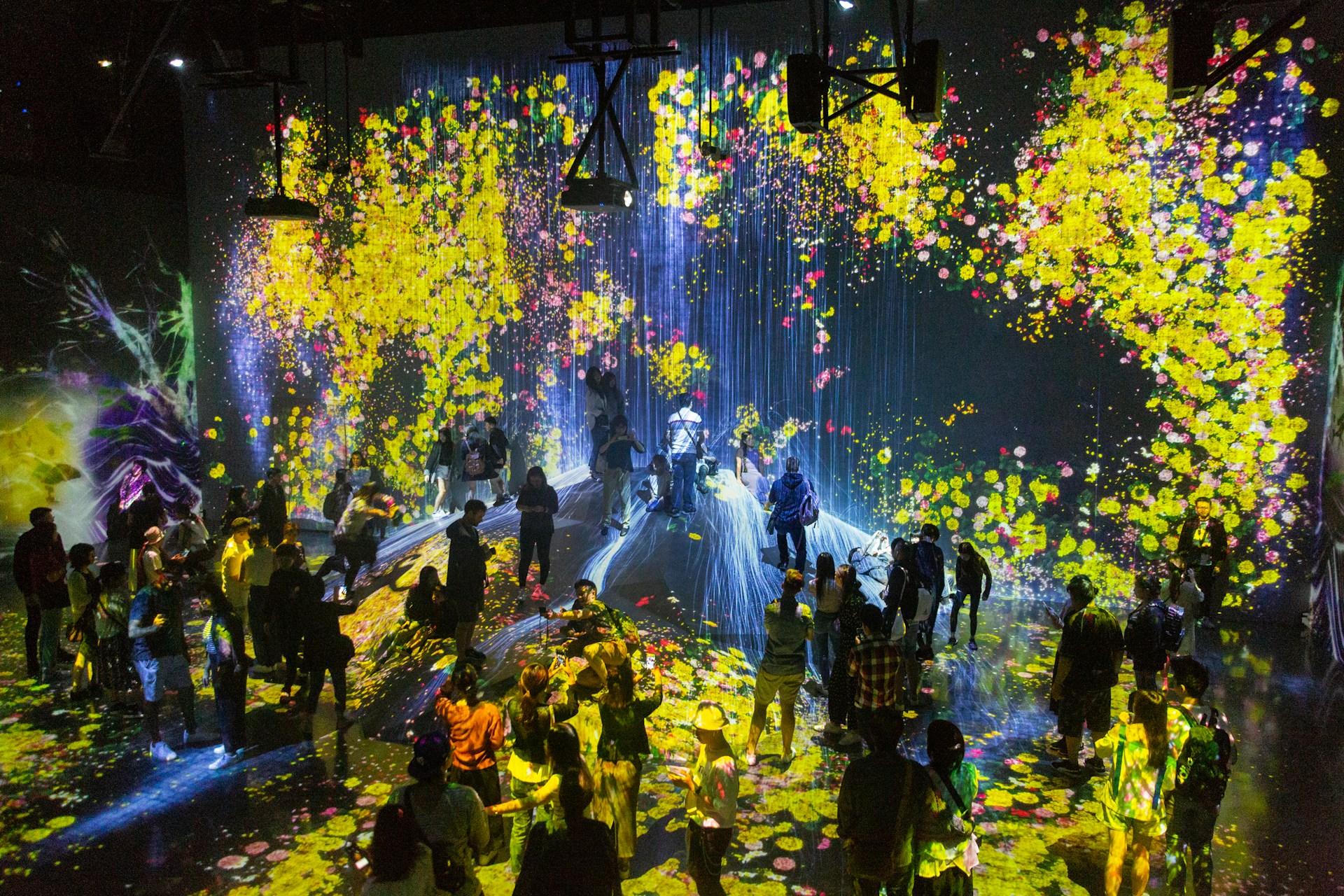 Besucher:innen bewegen sich durch eine immersive digitale Kunstinstallation in einem abgedunkelten Raum. Auf Boden, Wänden und Decke werden leuchtende Projektionen von gelben und pinken Blüten gezeigt, die wie ein fallender Blumenregen wirken. In der Mitte des Raums fließt ein heller Lichtstrahl wie ein Wasserfall nach unten. Die Silhouetten der zahlreichen Besucher:innen heben sich vor der farbenfrohen Projektion ab. Die Atmosphäre ist traumhaft und spektakulär.