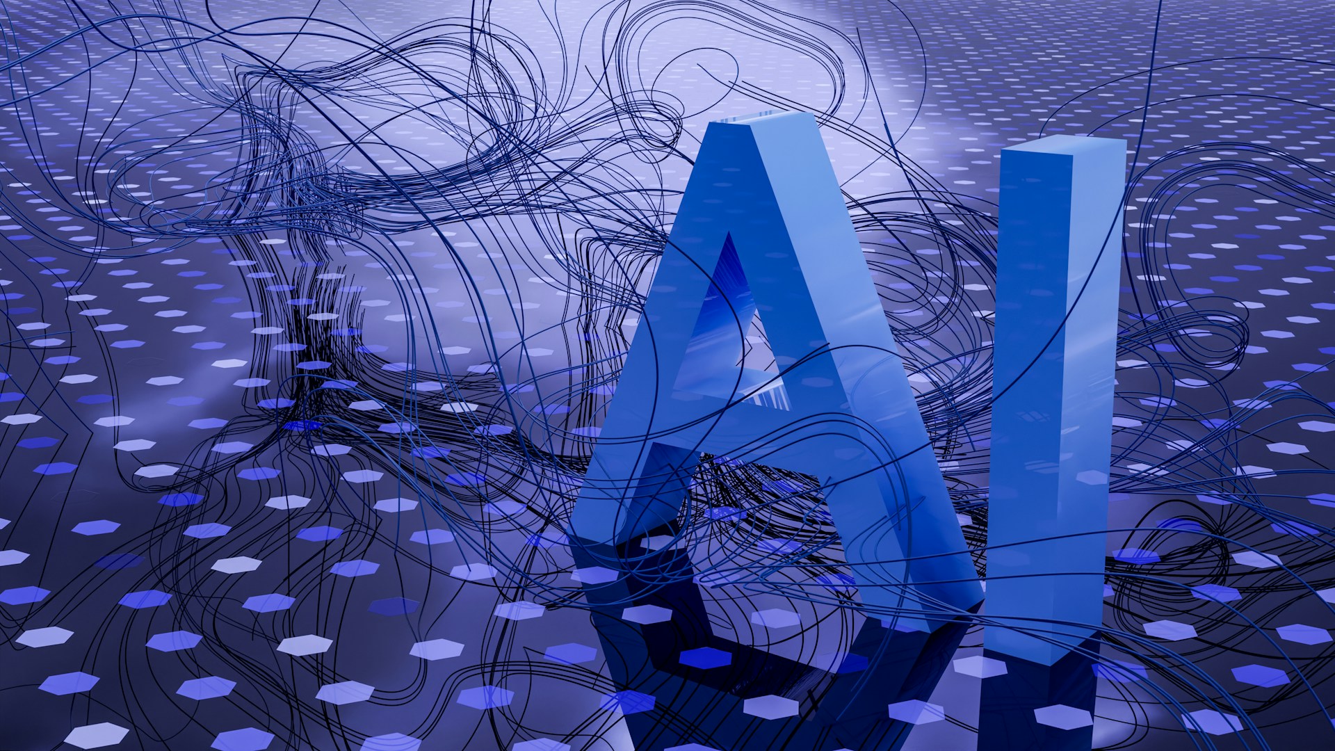 Digitale 3D-Illustration zum Thema Künstliche Intelligenz. Im Mittelpunkt stehen die Großbuchstaben „AI" in leuchtendem Blau, umgeben von einem abstrakten Netz aus geschwungenen Linien und einem hexagonalen Muster auf dem Untergrund. Die gesamte Komposition ist in Blautönen gehalten und vermittelt eine technologische, futuristische Atmosphäre.