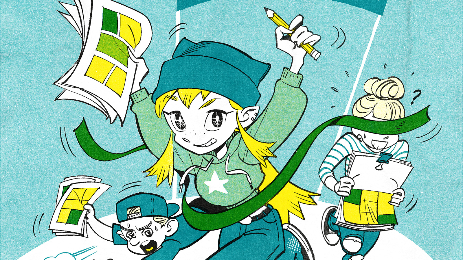 Dynamische Comicillustration im Manga-Stil auf türkisem Hintergrund. Im Mittelpunkt steht eine Figur mit blonden Haaren, grüner Mütze und einem Stern auf dem Oberteil, die einen Bleistift in die Höhe reckt und einen grünen Schal schwenkt. Um sie herum fliegen Comicseiten und Buchseiten mit grün-gelben Fenstermotiven. Links unten ist eine weitere Figur mit Basecap zu sehen, rechts eine blonde Figur mit grünem Schal, die Papiere trägt. Die Illustration wirkt energiegeladen und feiert das Thema Comic und Lesen.