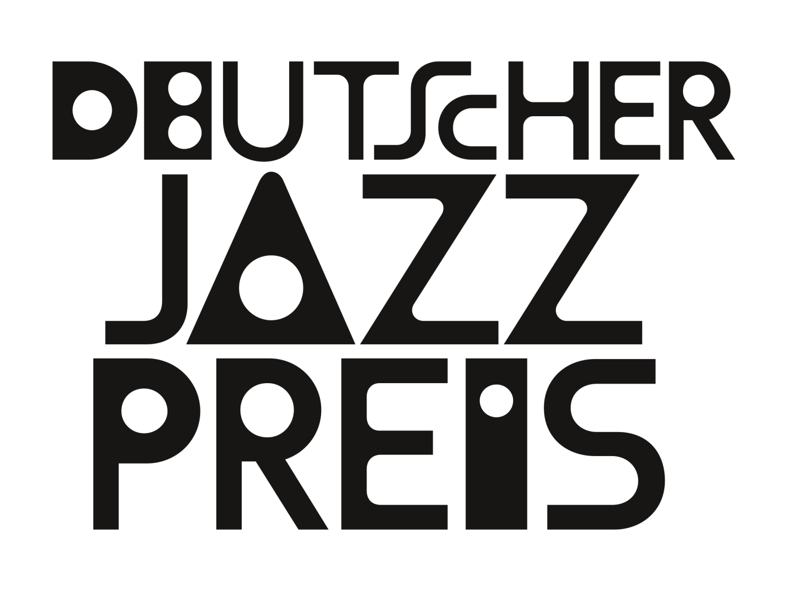 Logo des Deutschen Jazzpreises auf weißem Hintergrund. Der Schriftzug „DEUTSCHER JAZZ PREIS” ist in großen, schwarzen Buchstaben in einer markanten, geometrischen Schriftart gesetzt, bei der einzelne Buchstaben durch kreisförmige Aussparungen gestaltet sind.