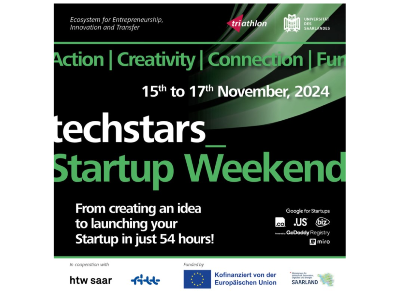 Ein Werbeplakat für das »Techstars Startup Weekend«, das vom 15. bis 17. November 2024 stattfindet. Auf dem Plakat stehen die Worte »Action | Creativity | Connection | Fun« sowie der Slogan »From creating an idea to launching your Startup in just 54 hours!«. Oben sind Logos von Partnern und Sponsoren wie der Universität des Saarlandes, der htw saar und der Europäischen Union zu sehen. Das Plakat betont die kreative und dynamische Atmosphäre des Events und lädt zur Teilnahme ein.