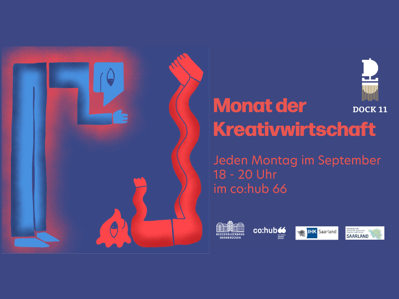 Ein grafisches Banner für den 'Monat der Kreativwirtschaft', veranstaltet von Dock 11. Es zeigt stilisierte Illustrationen in Rot und Blau: eine Hand, ein brennendes Feuer und abstrakte Formen. Informationen über die Veranstaltung sind angegeben.