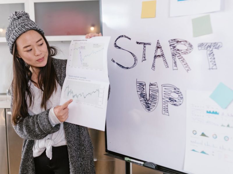 Eine Frau mit einer grauen Mütze und einem langen grauen Cardigan zeigt auf ein Diagramm auf einem Blatt Papier, das sie in der Hand hält. Neben ihr steht ein Whiteboard mit der handschriftlichen Aufschrift »START UP«. Die Szene scheint eine Präsentation oder einen Pitch in einem Start-up-Kontext zu zeigen.