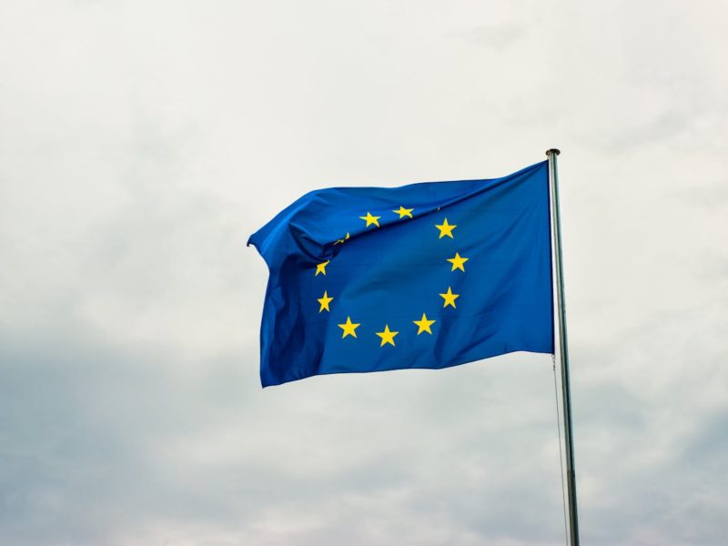 Die Grafik zeigt die Flagge der Europäischen Union, die an einem Fahnenmast weht. Sie besteht aus einem blauen Hintergrund mit einem Kreis aus zwölf gelben Sternen, die die Einheit und Solidarität der EU-Mitgliedstaaten symbolisieren. Der Himmel ist bewölkt.