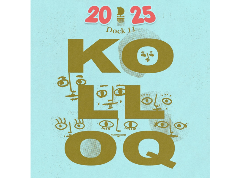 Grafisches Poster mit hellblauem Hintergrund und goldenem Text ‚2025 Dock 11 KOLLOQ‘. Im Hintergrund sind stilisierte Gesichter und Augen als Illustration integriert.