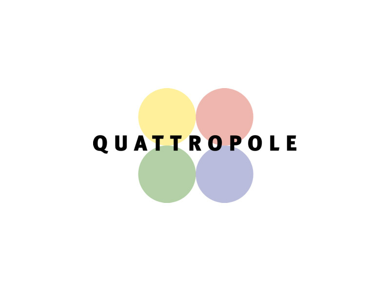 Logo von Quattropole mit vier farbigen Kreisen (gelb, rosa, grün, lila), die ein Quadrat bilden, und dem schwarzen Schriftzug „QUATTROPOLE“ horizontal durch die Mitte der Kreise.