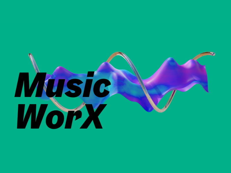 Schriftzug „Music WorX“ in schwarzer, fetter Schrift auf türkisfarbenem Hintergrund. Hinter dem Text verläuft eine wellenförmige 3D-Grafik in Blau, Lila und Metalltönen.