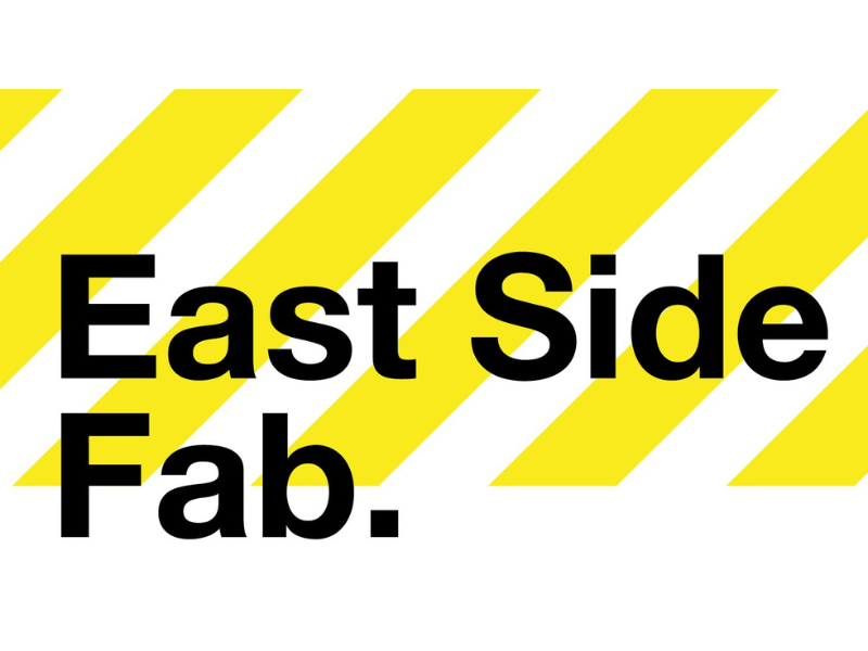 Logo von East Side Fab mit schwarzer Schrift auf weißem Hintergrund und gelben diagonalen Streifen im Hintergrund.