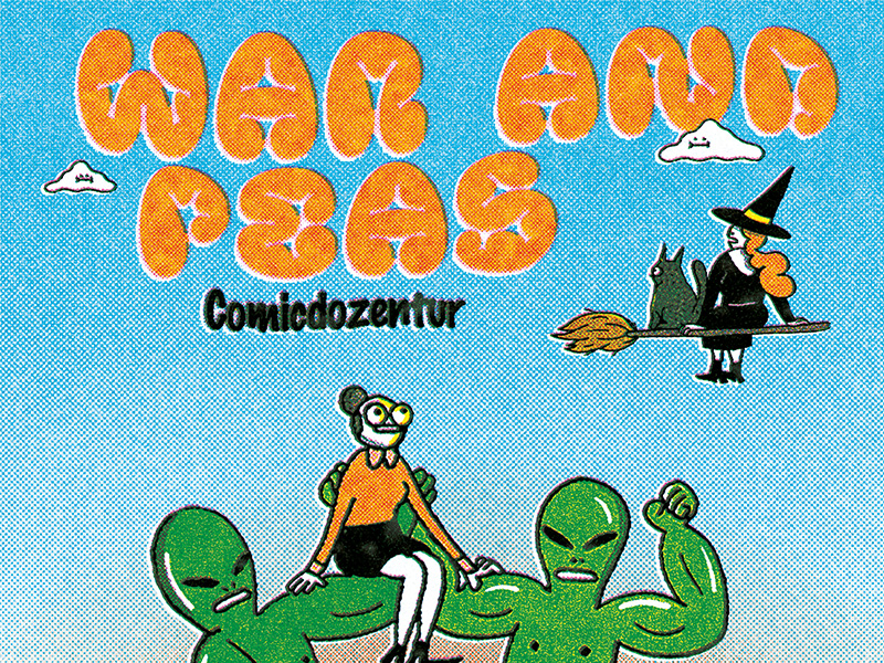 Comichafte Illustration mit mehreren Figuren und der Aufschrift: War and Peas Comicdozentur