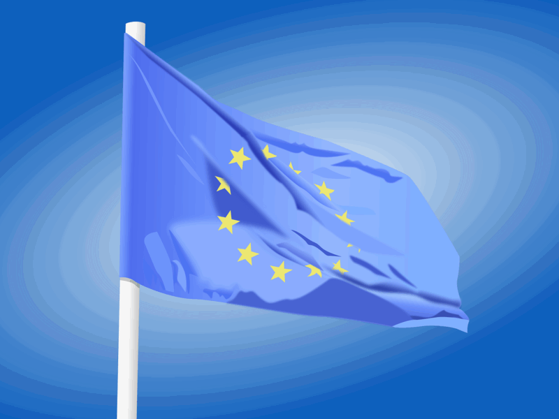 Illustration einer wehenden Europaflagge an einem weißen Fahnenmast auf blauem Hintergrund. Die Flagge ist blau mit einem Kreis aus zwölf gelben Sternen in der Mitte, symbolisch für die Einheit und Solidarität Europas.