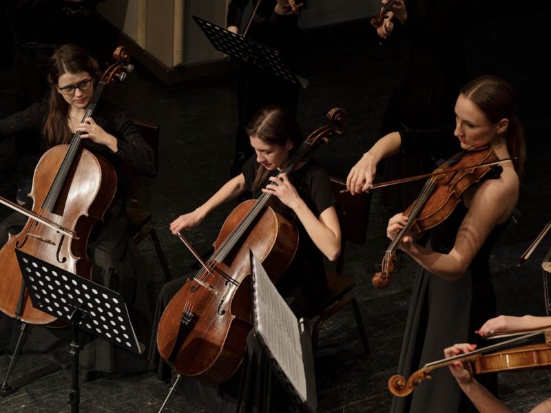 Mehrere Musikerinnen in schwarzer Konzertkleidung spielen Streichinstrumente wie Cello und Geige in einem klassischen Orchester auf einer Bühne.