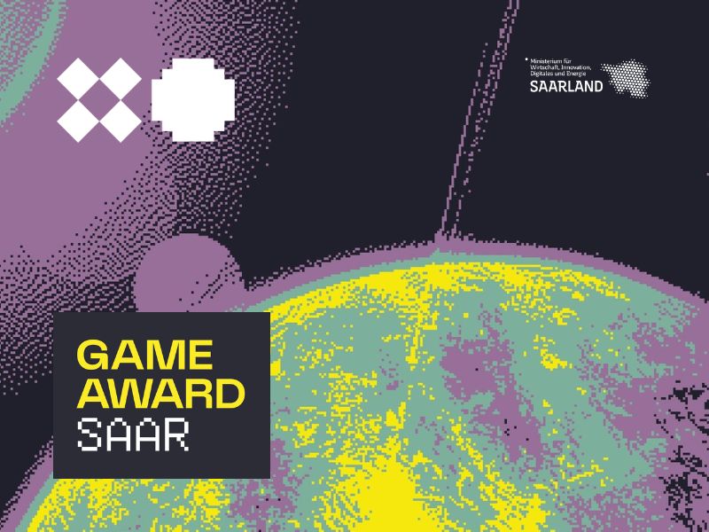 Grafisches Plakat mit buntem, pixelartigem Design in Lila, Gelb und Grün. In einem schwarzen Kasten steht der Text „GAME AWARD SAAR“ in gelber und weißer Schrift. Oben rechts das Logo des Ministeriums für Wirtschaft, Innovation, Digitales und Energie des Saarlandes.