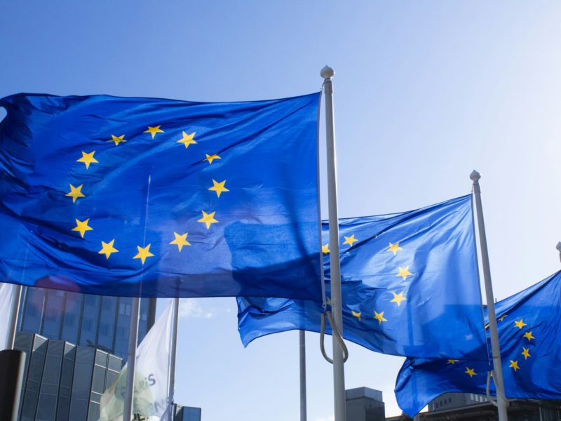 Auf dem Bild sind mehrere Flaggen der Europäischen Union zu sehen. Sie wehen im Wind vor einem klaren blauen Himmel. Jede Flagge zeigt den typischen EU-Sternenkranz aus zwölf goldenen Sternen auf blauem Hintergrund. Im Hintergrund sind moderne Bürogebäude aus Glas zu erkennen, was auf einen städtischen oder institutionellen Kontext hindeutet.