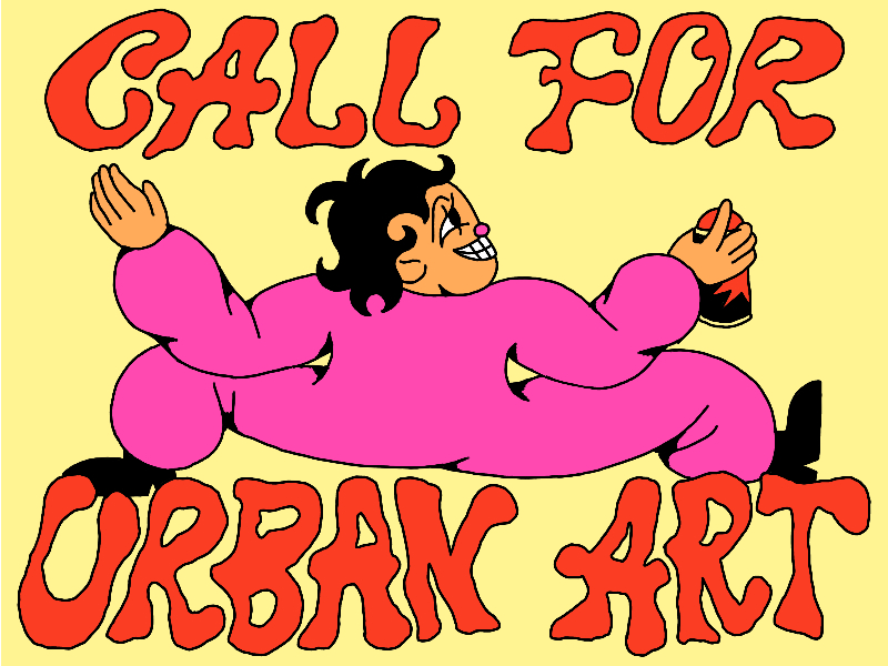 Auf der Illustration ist eine comicartig gezeichnete Figur zu sehen, die mit weit ausgebreiteten Armen dynamisch durch den Raum zu fliegen scheint. Die Person trägt einen auffällig pinkfarbenen Overall, schwarze Schuhe und hält in der rechten Hand eine Spraydose. Ihr Gesicht ist übertrieben fröhlich mit breitem Grinsen dargestellt, was der Szene einen rebellischen, spielerischen Charakter gibt. Der Hintergrund ist gelb, darauf steht in großen, roten, unregelmäßig geformten Buchstaben der Slogan „CALL FOR URBAN ART“. Die gesamte Gestaltung erinnert an Street-Art-Ästhetik und ist ein Aufruf oder Plakat für ein urbanes Kunstprojekt oder einen Wettbewerb.