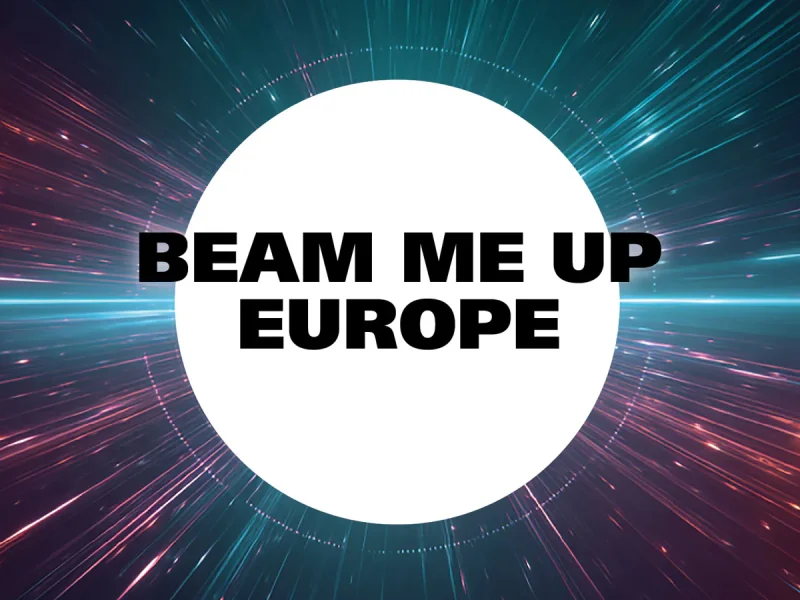 Hier ist ein Alt-Text für das Bild: "Futuristisches Event-Banner mit dem Text 'BEAM ME UP EUROPE' in schwarzer Schrift auf weißem Kreis, umgeben von dynamischen Lichtstreifen in Pink, Türkis und Blau, die sternförmig vom Zentrum ausstrahlen und einen Science-Fiction-Warp-Effekt erzeugen